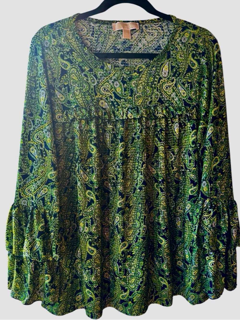 Michael Kors Green/Navy Paisley Tunic Top, stretchy, tiered sleeves, flowy, 1X